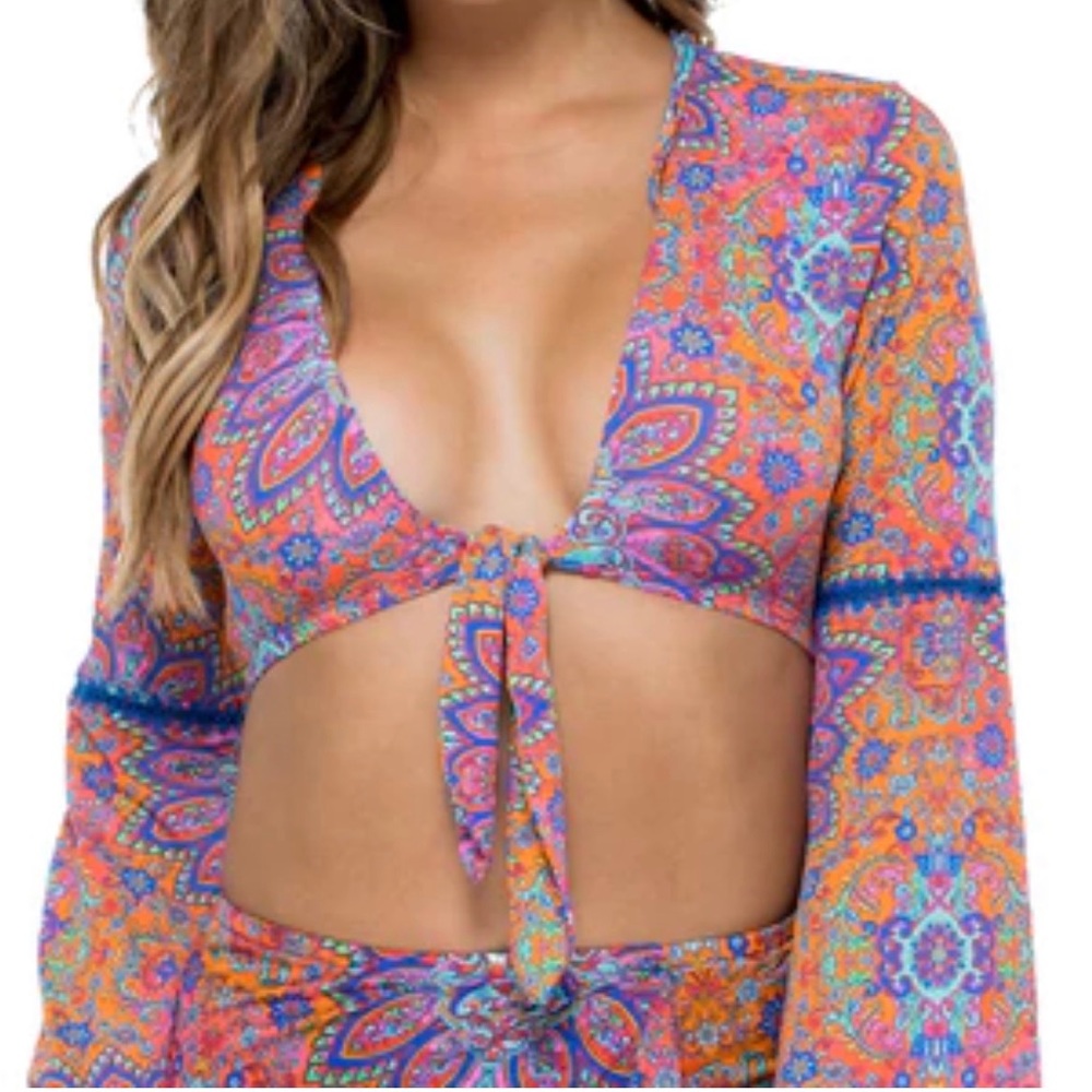 LuliFama Long Sleeve Tie Front Swim Top
